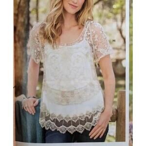 Sundance Top Women's Small Cream Sentimental Splendor Lace Hem Floral Crochet